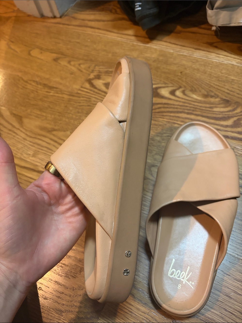 Beek Hen Leather Platform Slide Sandals Tan Size 8 - Picture 3 of 4